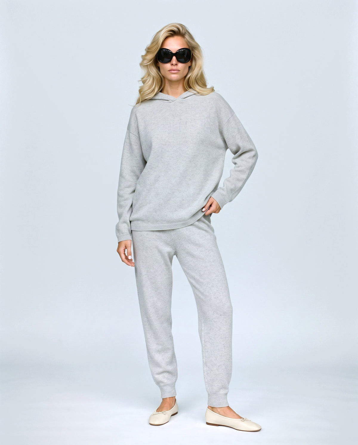 The Hooded Knit Lounge Set in Pale grey, front view on a non-pregnant model