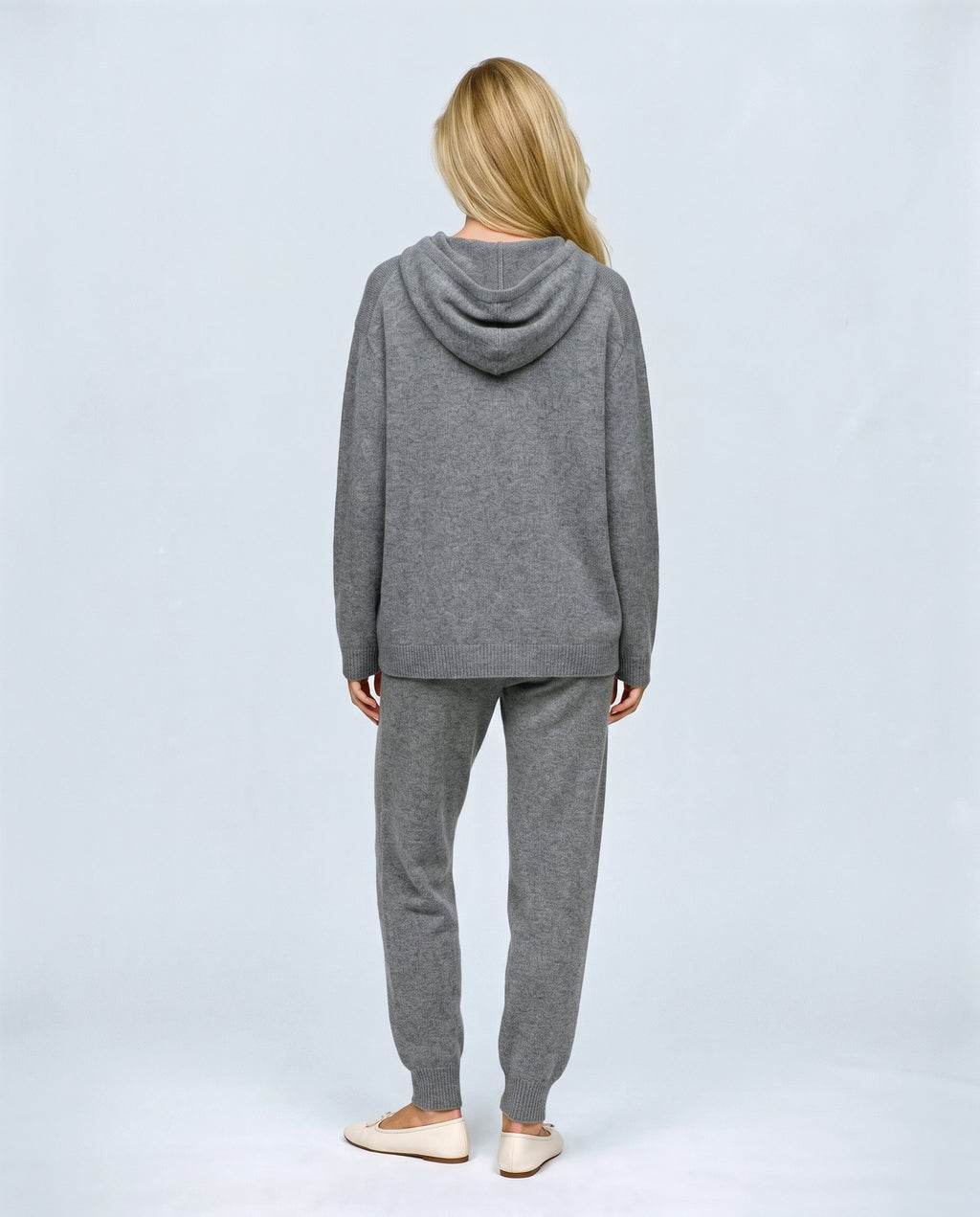 The Hooded Knit Lounge Set in Pale grey, back view on a non-pregnant model