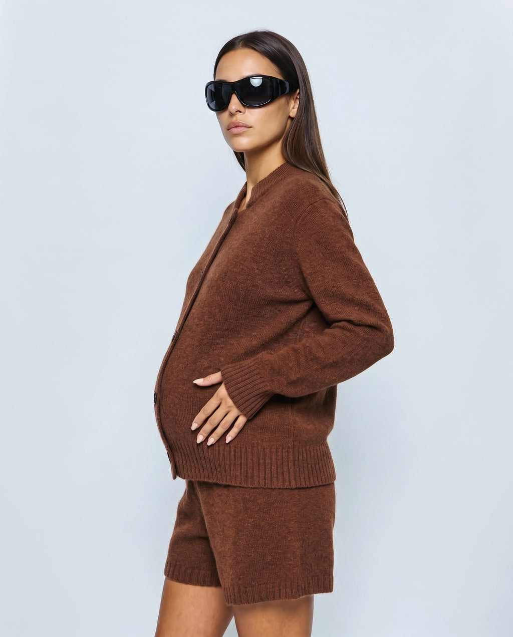 The Knit Cardigan & Shorts Set in Chocolate, side view