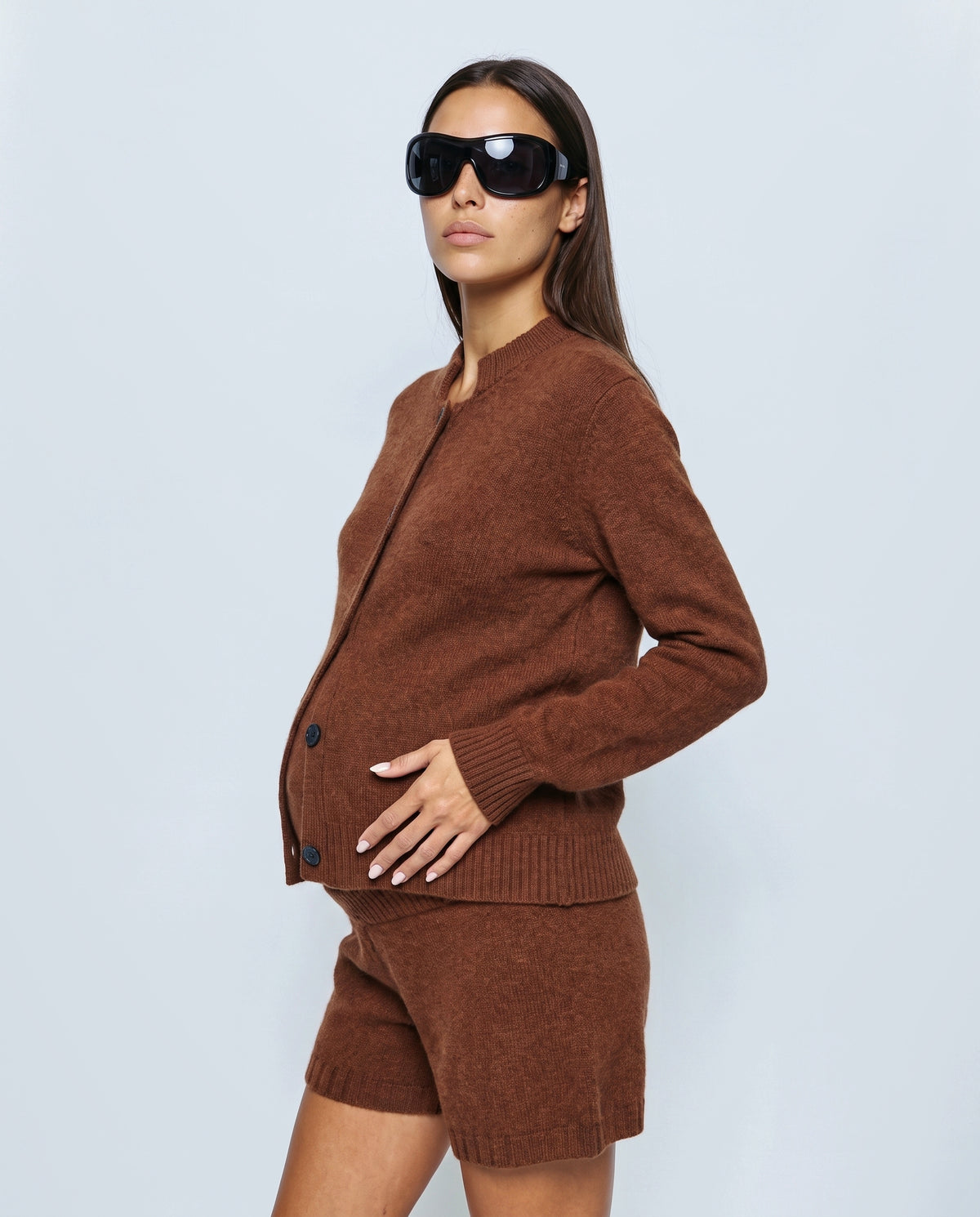 The Knit Cardigan & Shorts Set in Rust brown, side view