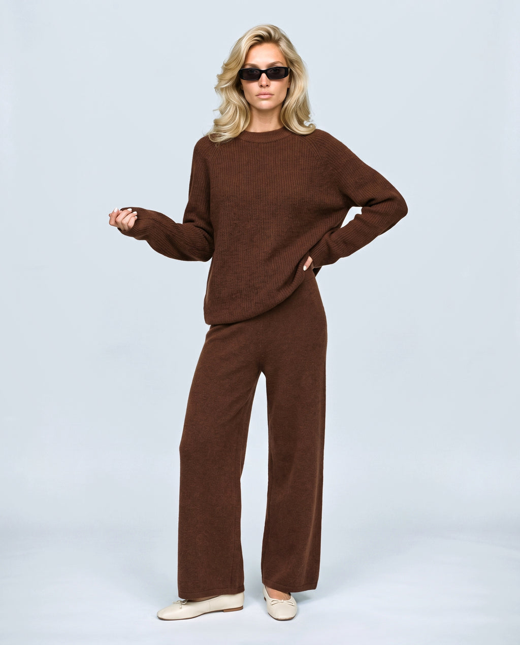 The Relaxed Knit Culotte Set in Chocolate, front view on a non-pregnant model