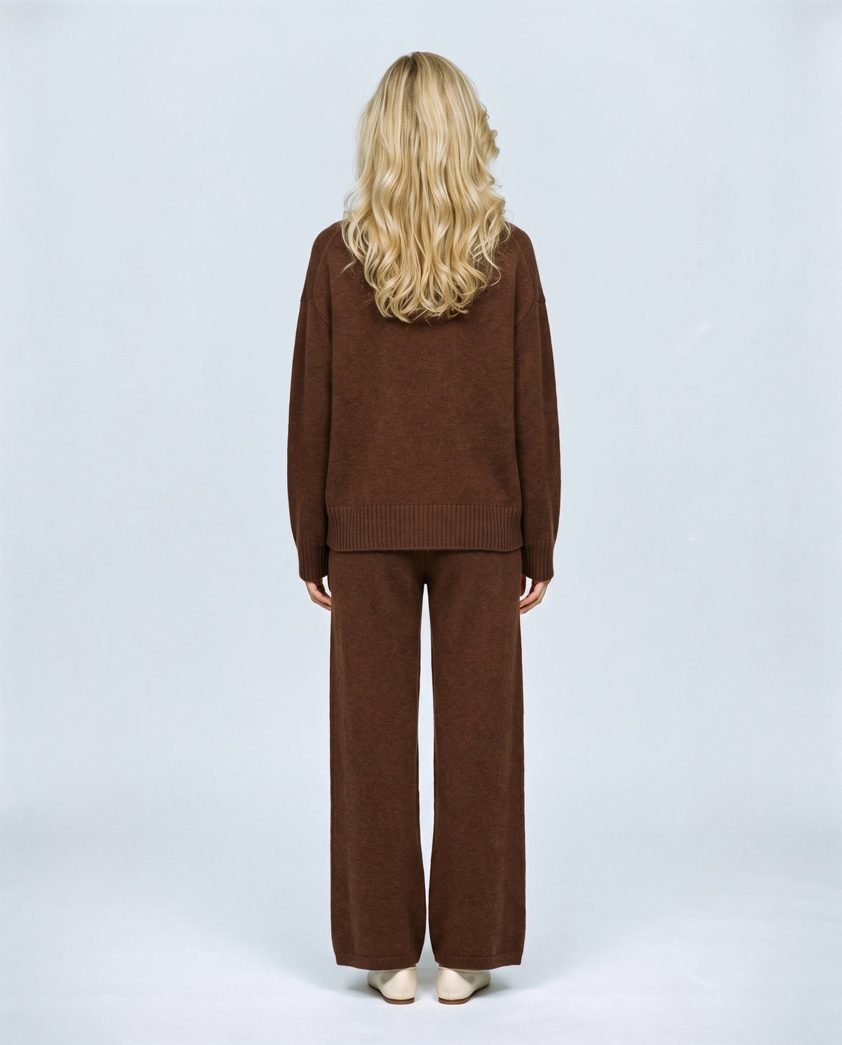 The Relaxed Knit Culotte Set in Chocolate, back view on a non-pregnant model