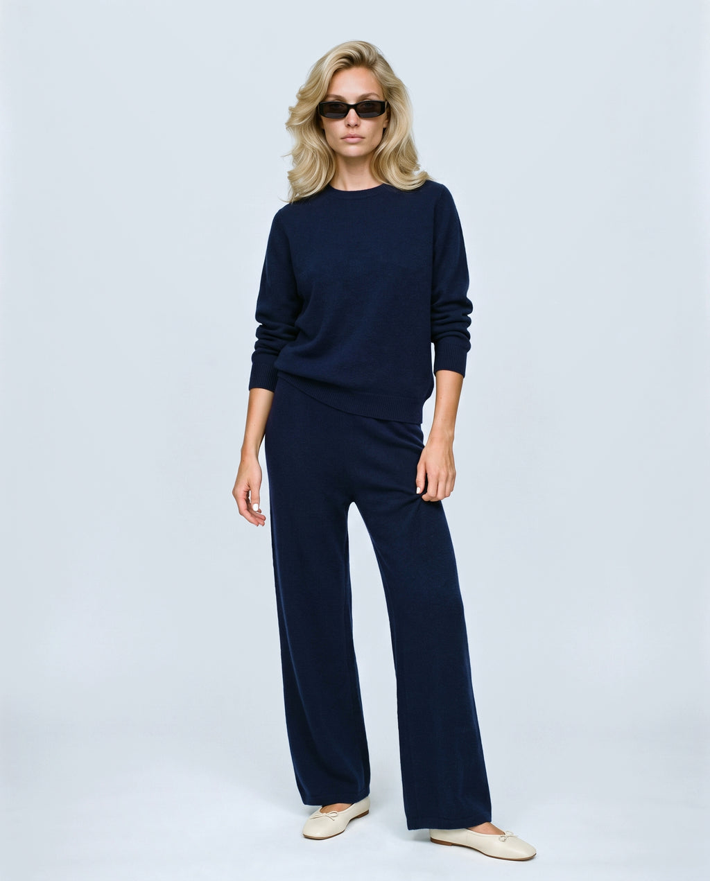 The Relaxed Knit Culotte Set in Navy, front view on a non-pregnant model