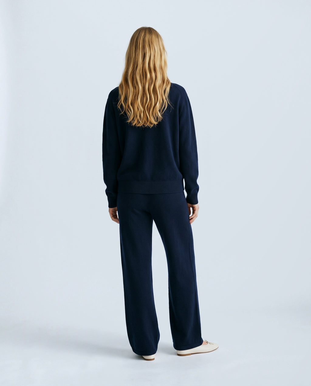 The Relaxed Knit Culotte Set in Navy, back view on a non-pregnant model