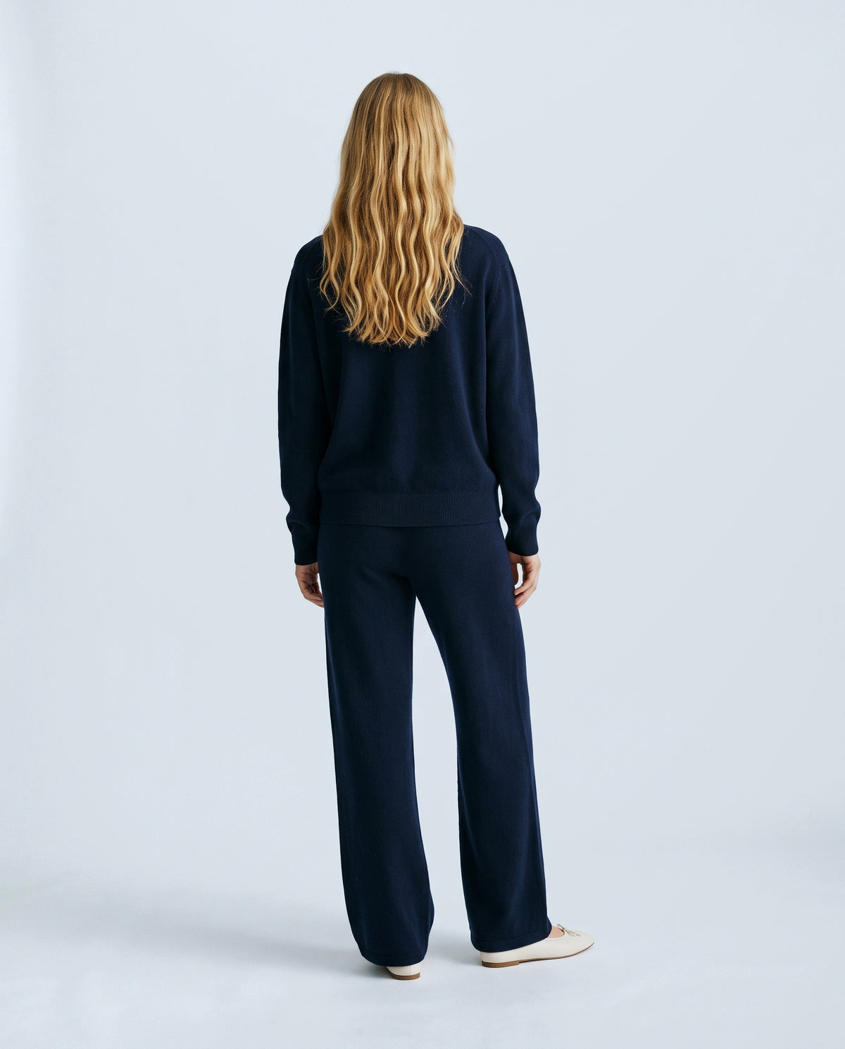 The Relaxed Knit Culotte Set in Navy, back view on a non-pregnant model