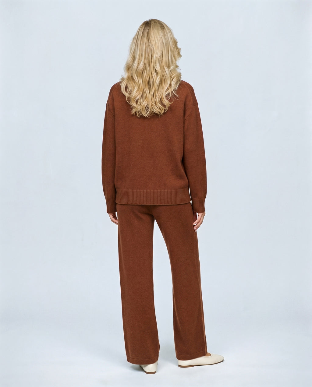 The Relaxed Knit Culotte Set in Rust, back view on a non-pregnant model