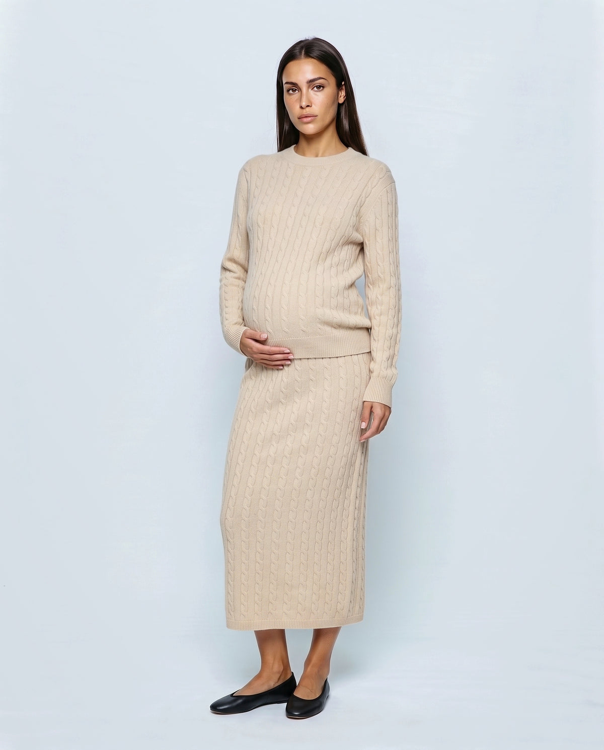 The Textured Knit Top & Skirt Set in Beige, front view