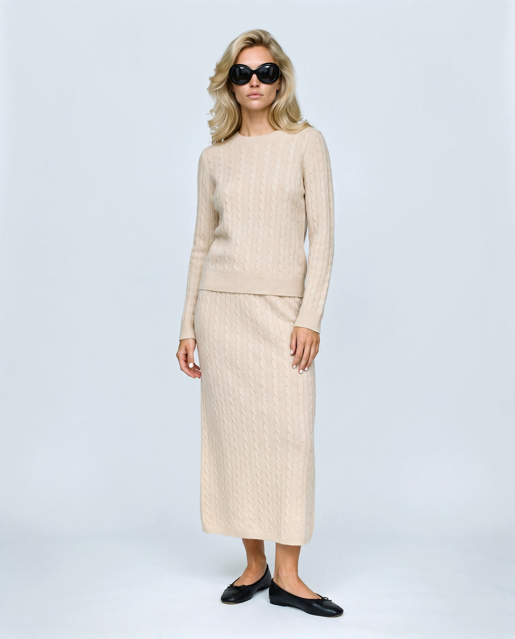 The Textured Knit Top & Skirt Set in Beige, front view on a non-pregnant model