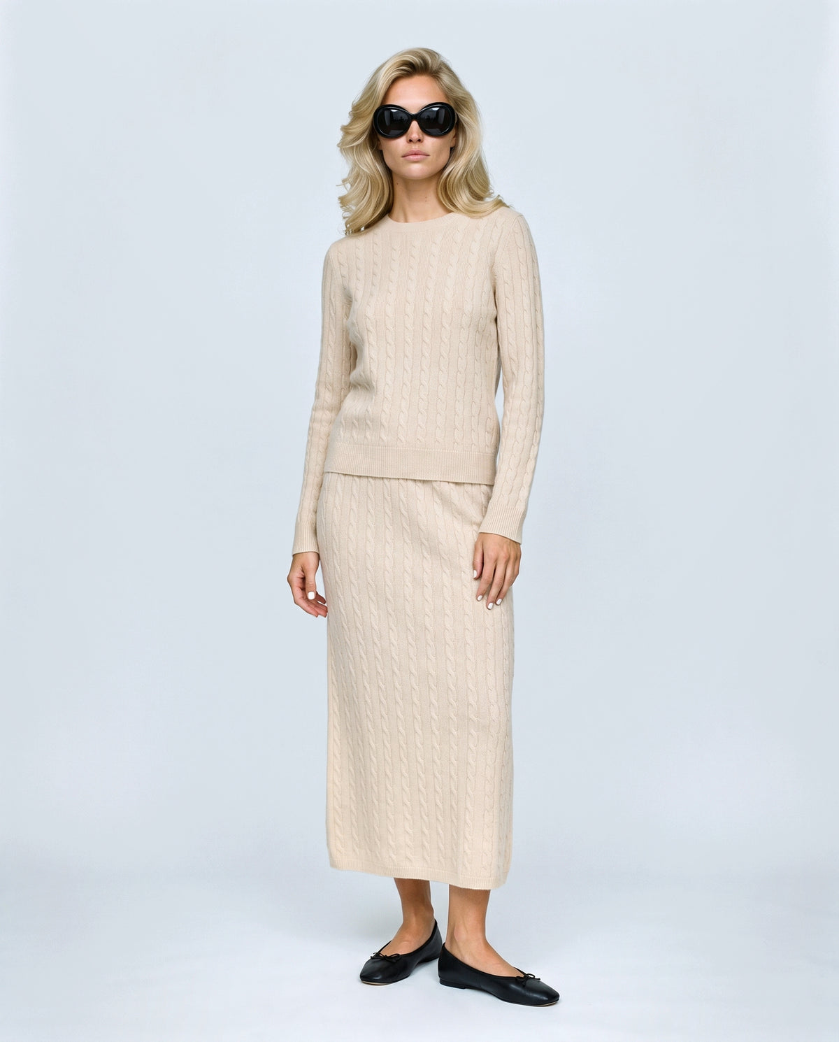 The Textured Knit Top & Skirt Set in Beige, front view on a non-pregnant model