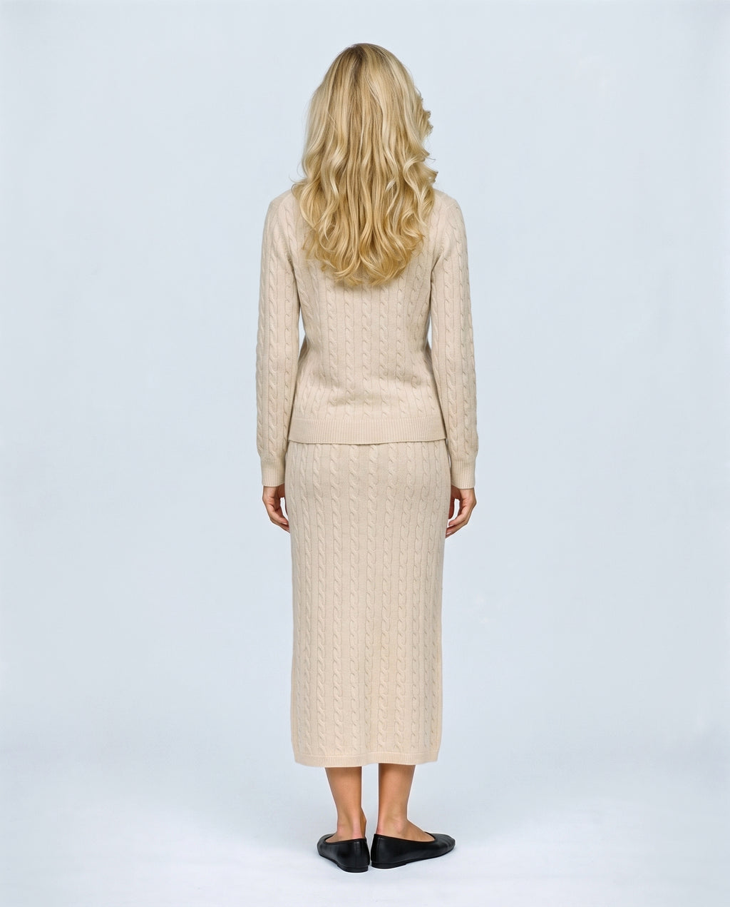 The Textured Knit Top & Skirt Set in Beige, back view on a non-pregnant model
