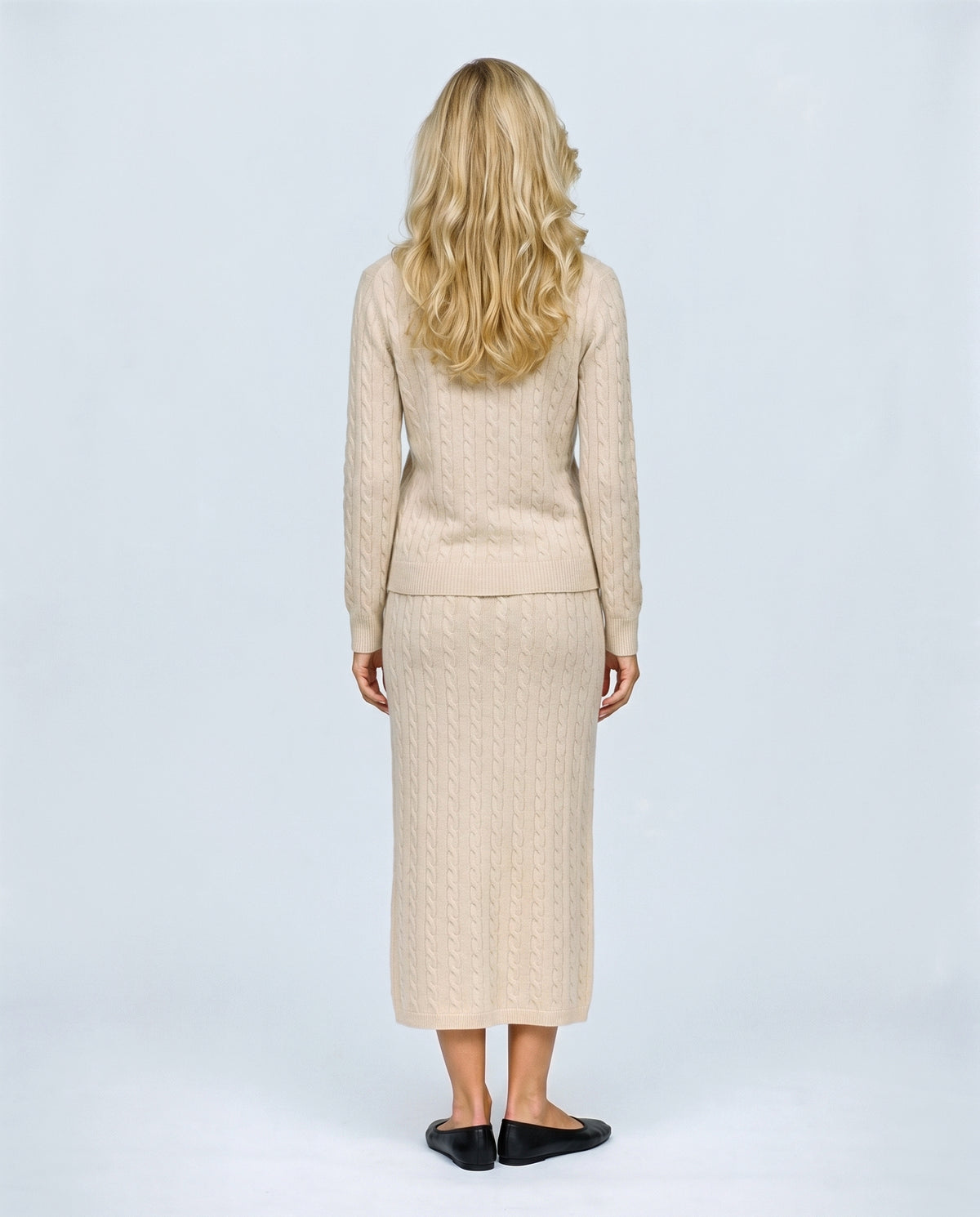 The Textured Knit Top & Skirt Set in Beige, back view on a non-pregnant model