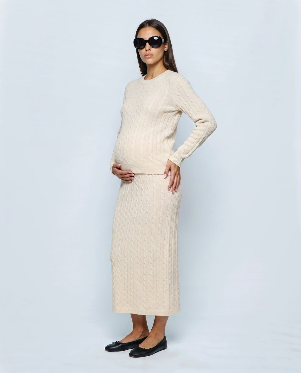 The Textured Knit Top & Skirt Set in Cream, side view