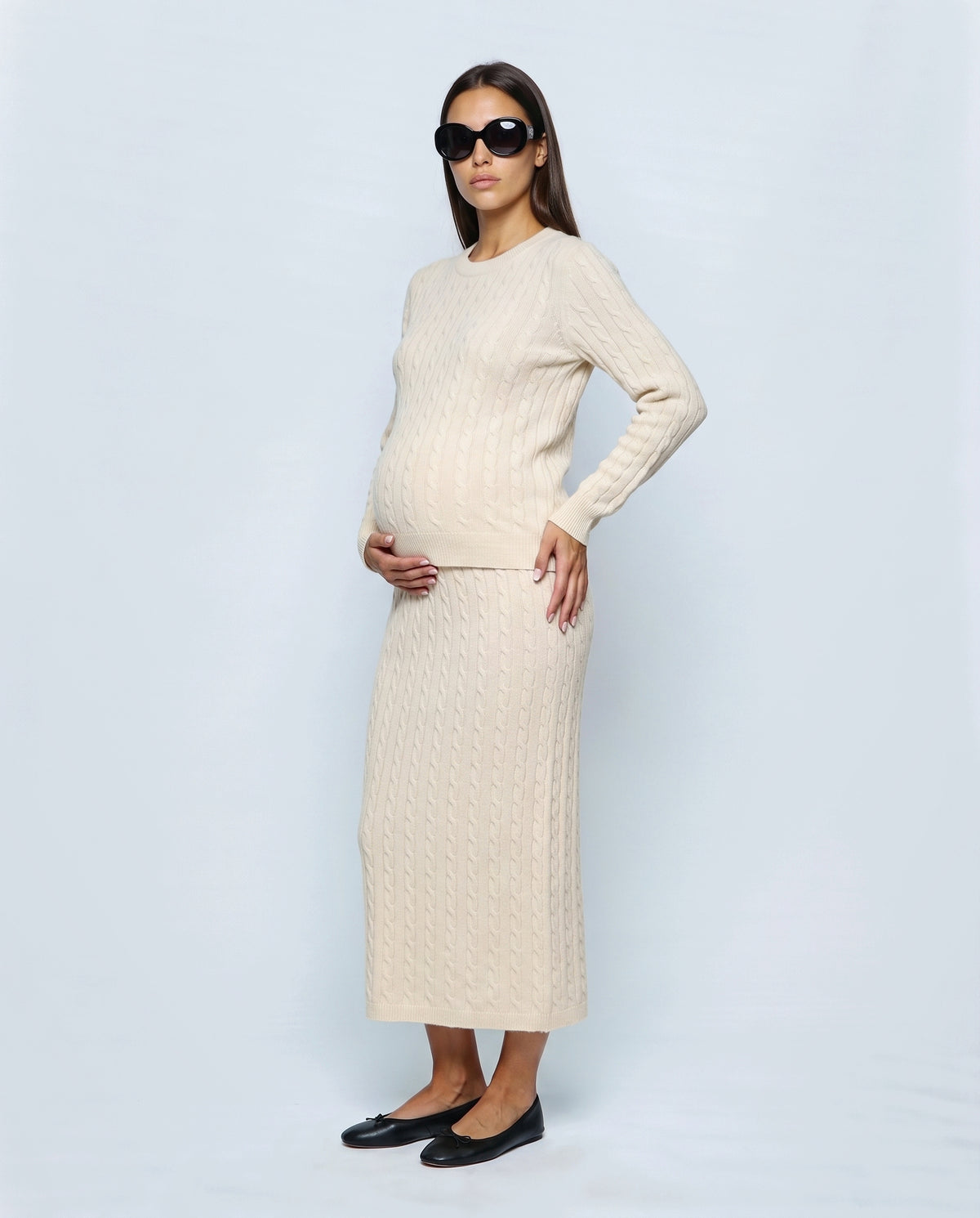 The Textured Knit Top & Skirt Set in Cream, side view