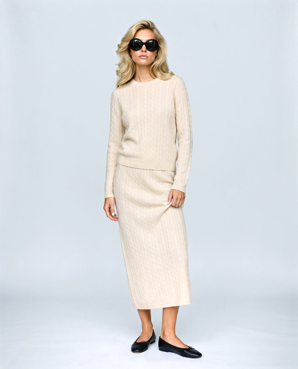 The Textured Knit Top & Skirt Set in Cream, front view on a non-pregnant model