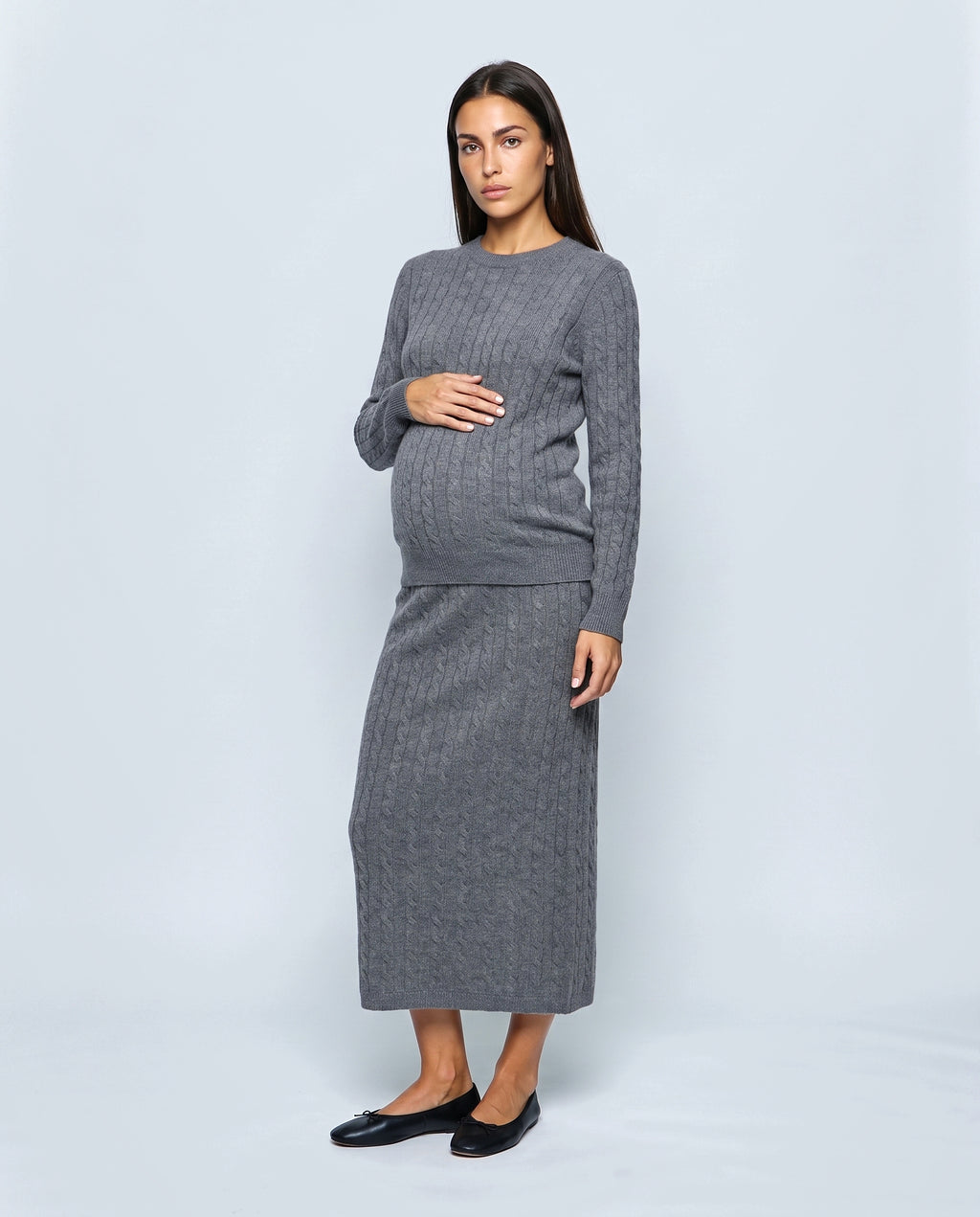 The Textured Knit Top & Skirt Set in Grey, front view
