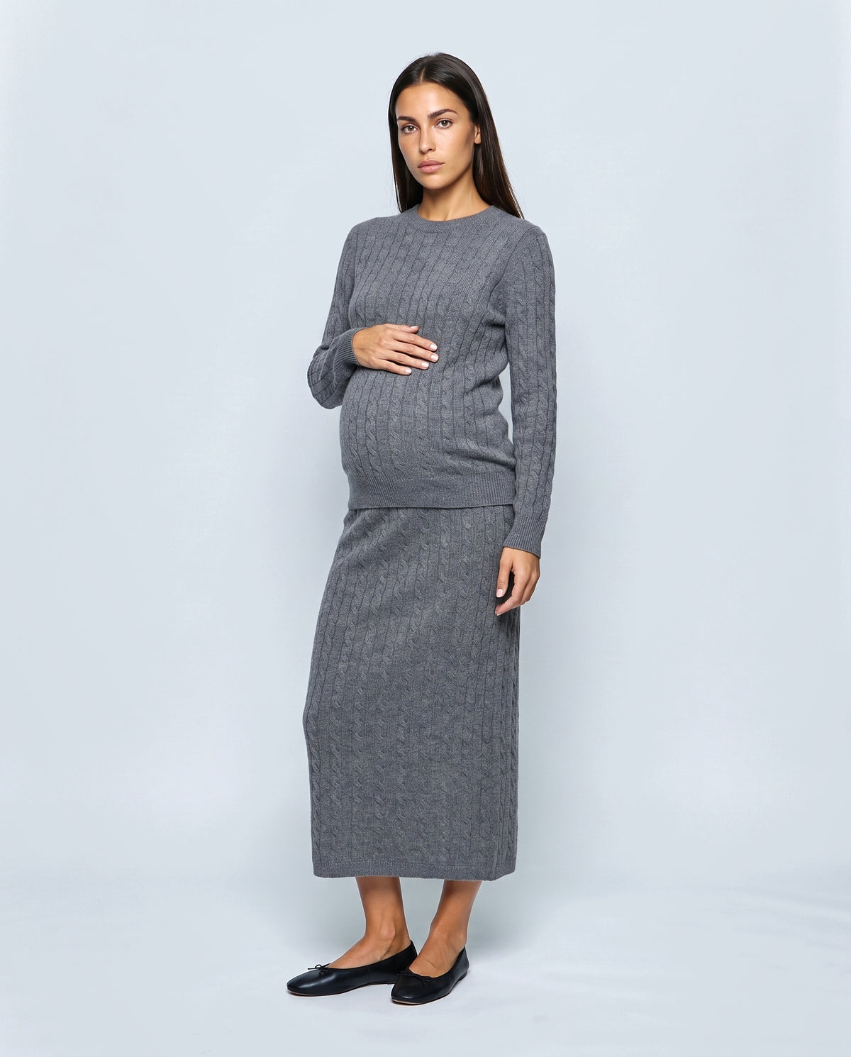 The Textured Knit Top & Skirt Set in Grey, front view