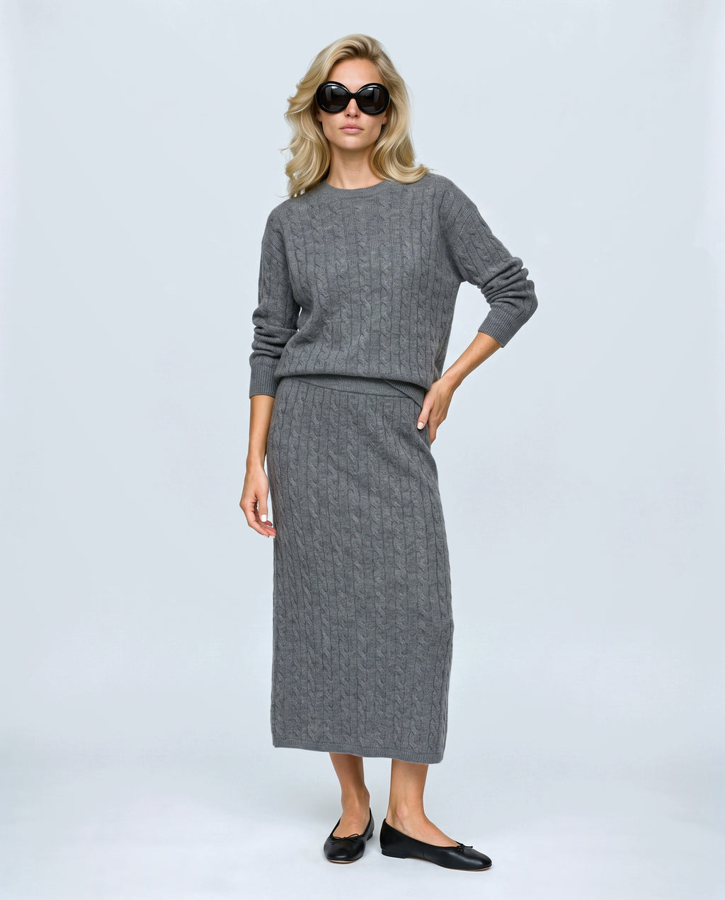 The Textured Knit Top & Skirt Set in Grey, front view on a non-pregnant model