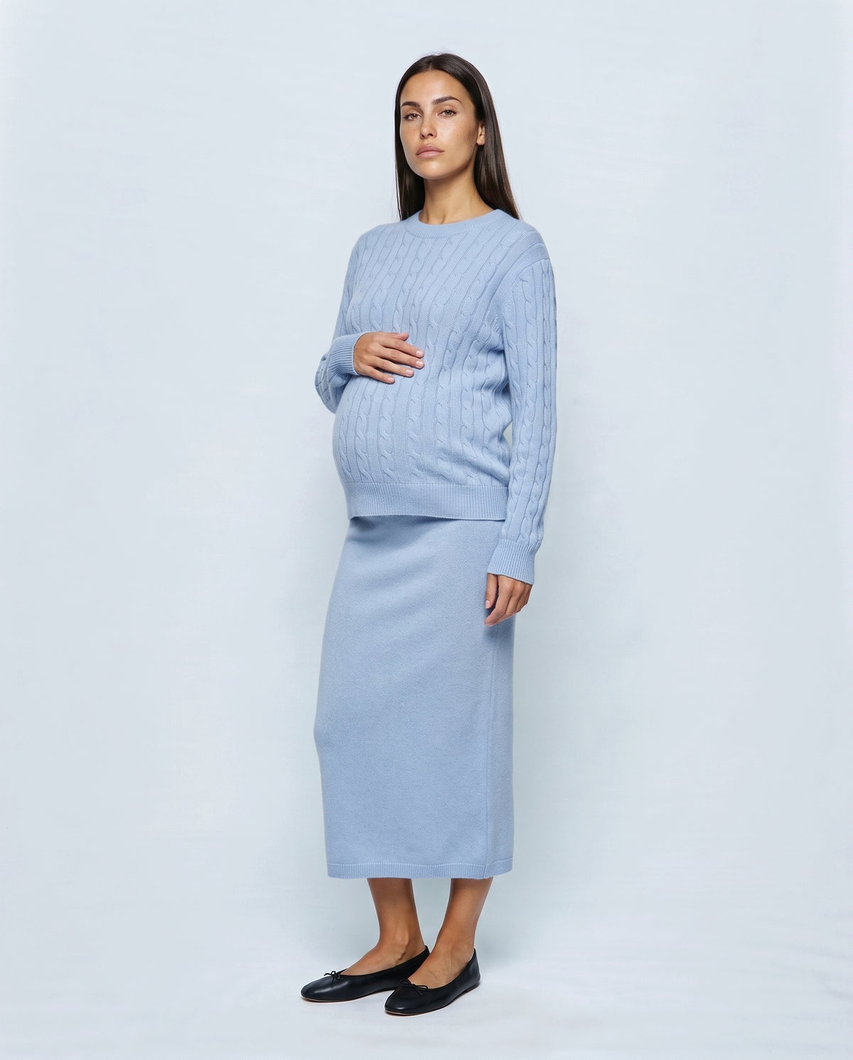 The Textured Knit Top & Skirt Set in Powder blue, front view