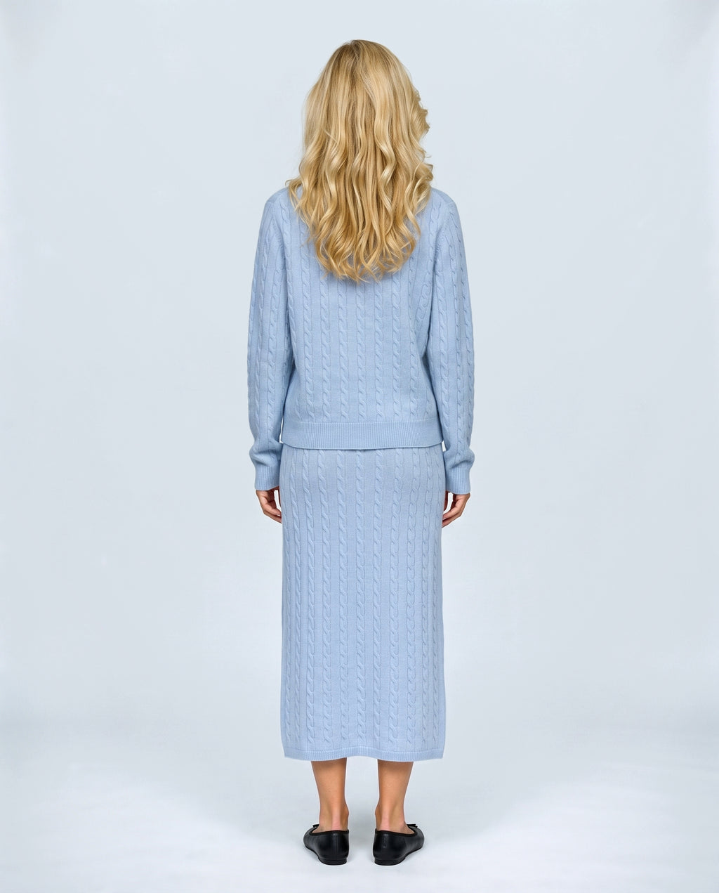 The Textured Knit Top & Skirt Set in Powder blue, back view on a non-pregnant model