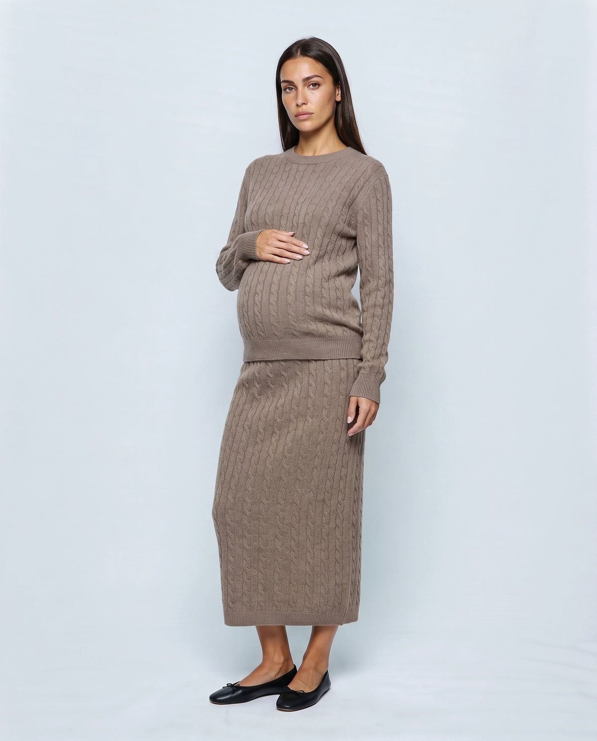 The Textured Knit Top & Skirt Set in Taupe, front view