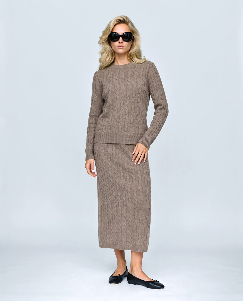 The Textured Knit Top & Skirt Set in Taupe, front view on a non-pregnant model
