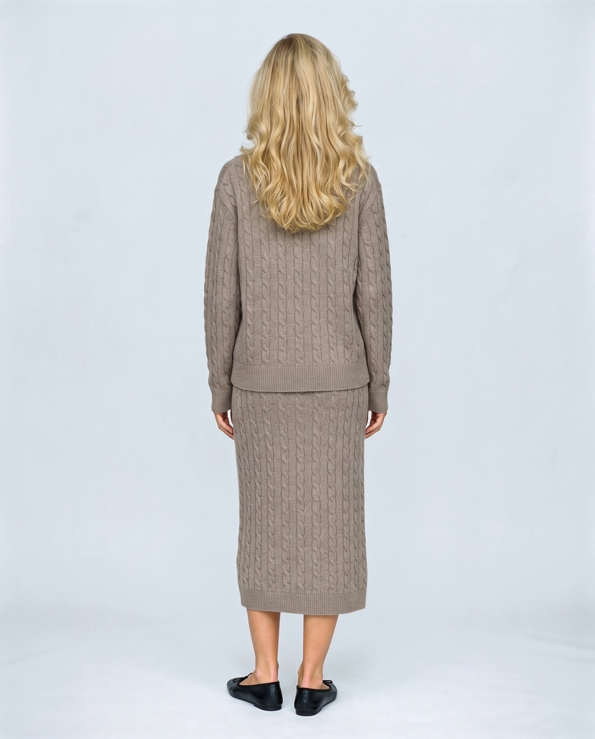 The Textured Knit Top & Skirt Set in Taupe, back view on a non-pregnant model