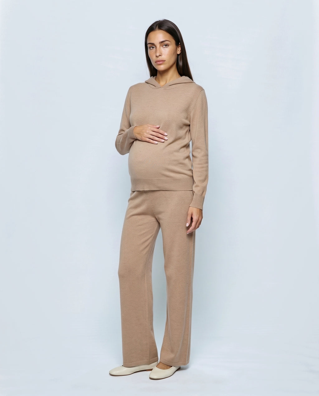 The Hooded Wide-Leg Knit Set in Camel, front view