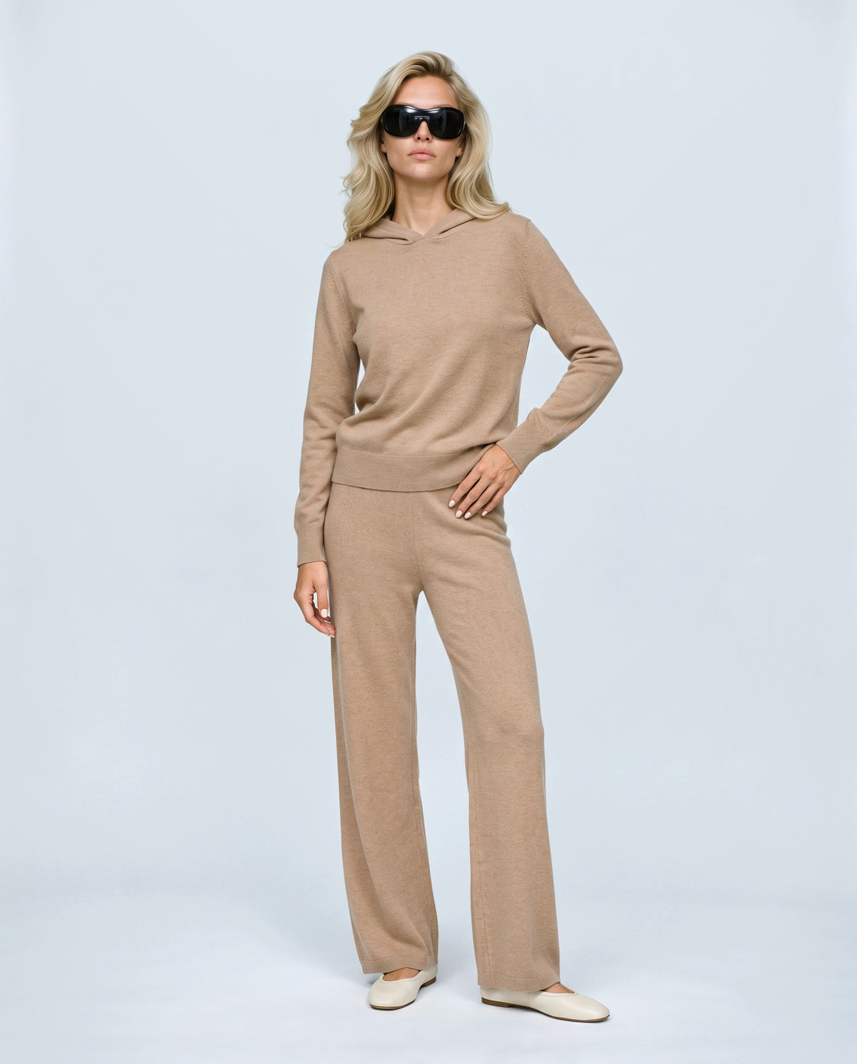 The Hooded Wide-Leg Knit Set in Camel, front view on a non-pregnant model