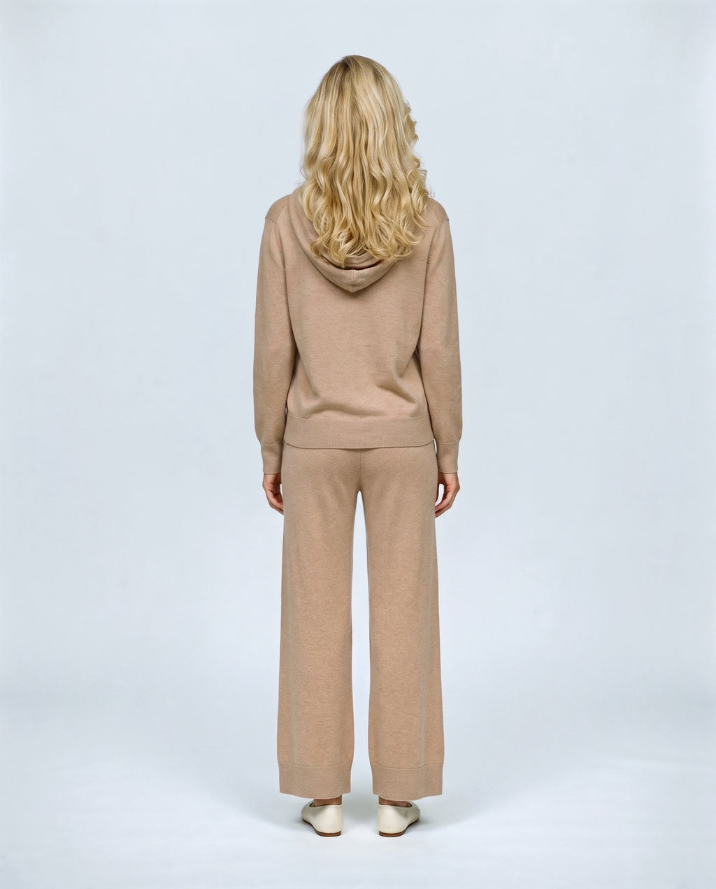 The Hooded Wide-Leg Knit Set in Camel, back view on a non-pregnant model