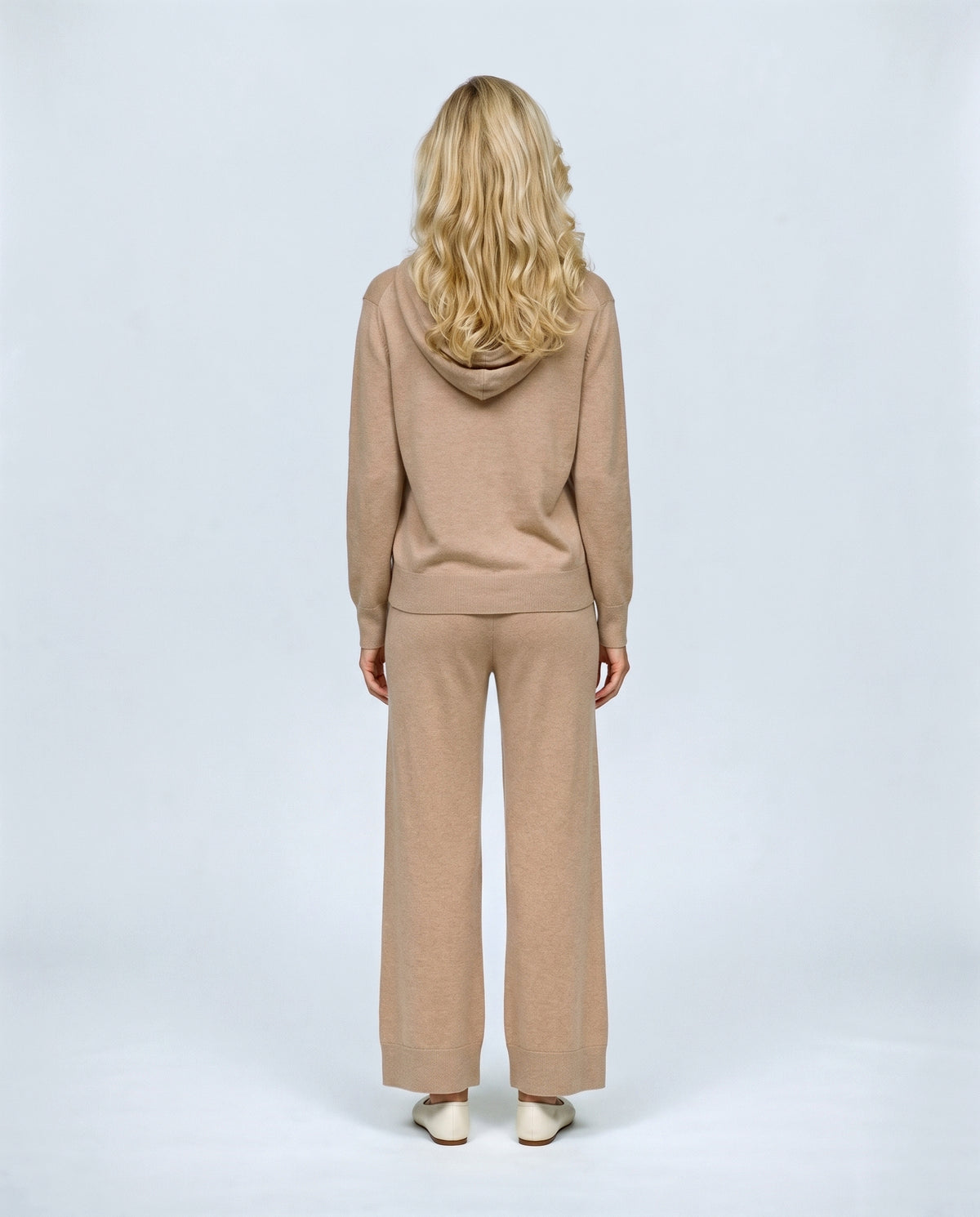 The Hooded Wide-Leg Knit Set in Camel, back view on a non-pregnant model