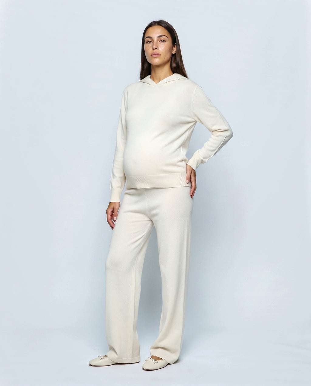 The Hooded Wide-Leg Knit Set in Cream, front view