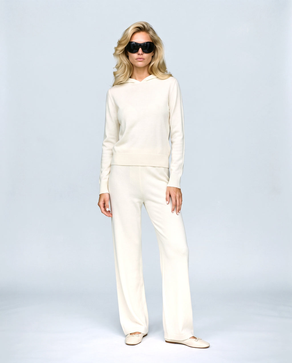 The Hooded Wide-Leg Knit Set in Cream, front view on a non-pregnant model