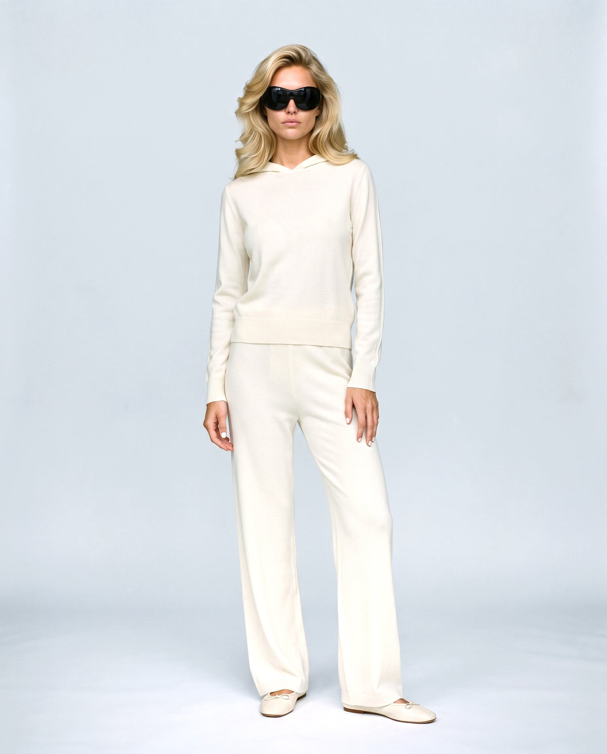 The Hooded Wide-Leg Knit Set in Cream, front view on a non-pregnant model