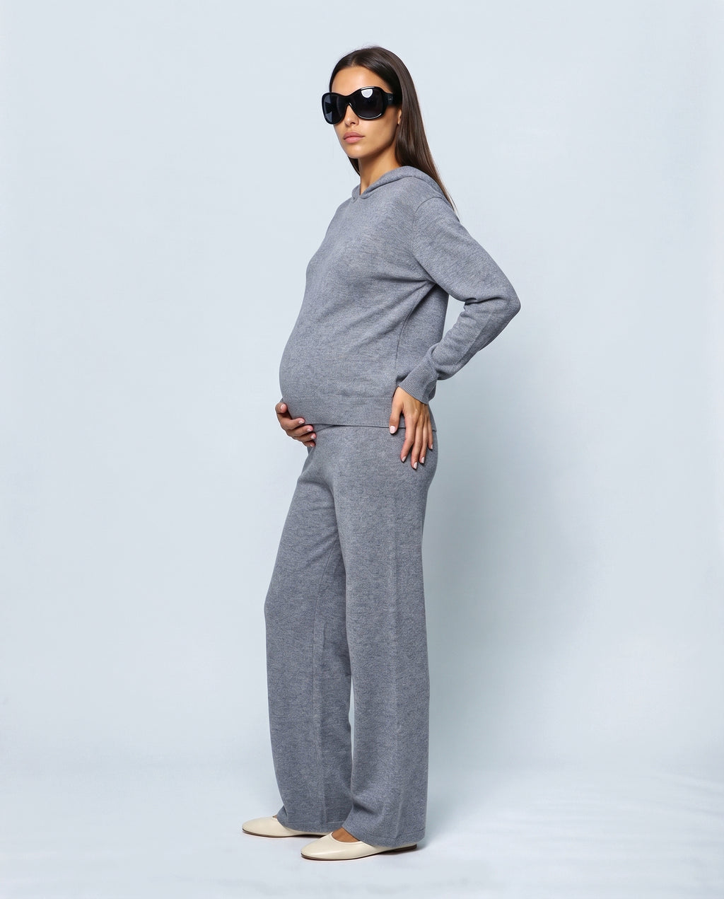 The Hooded Wide-Leg Knit Set in Grey, side view