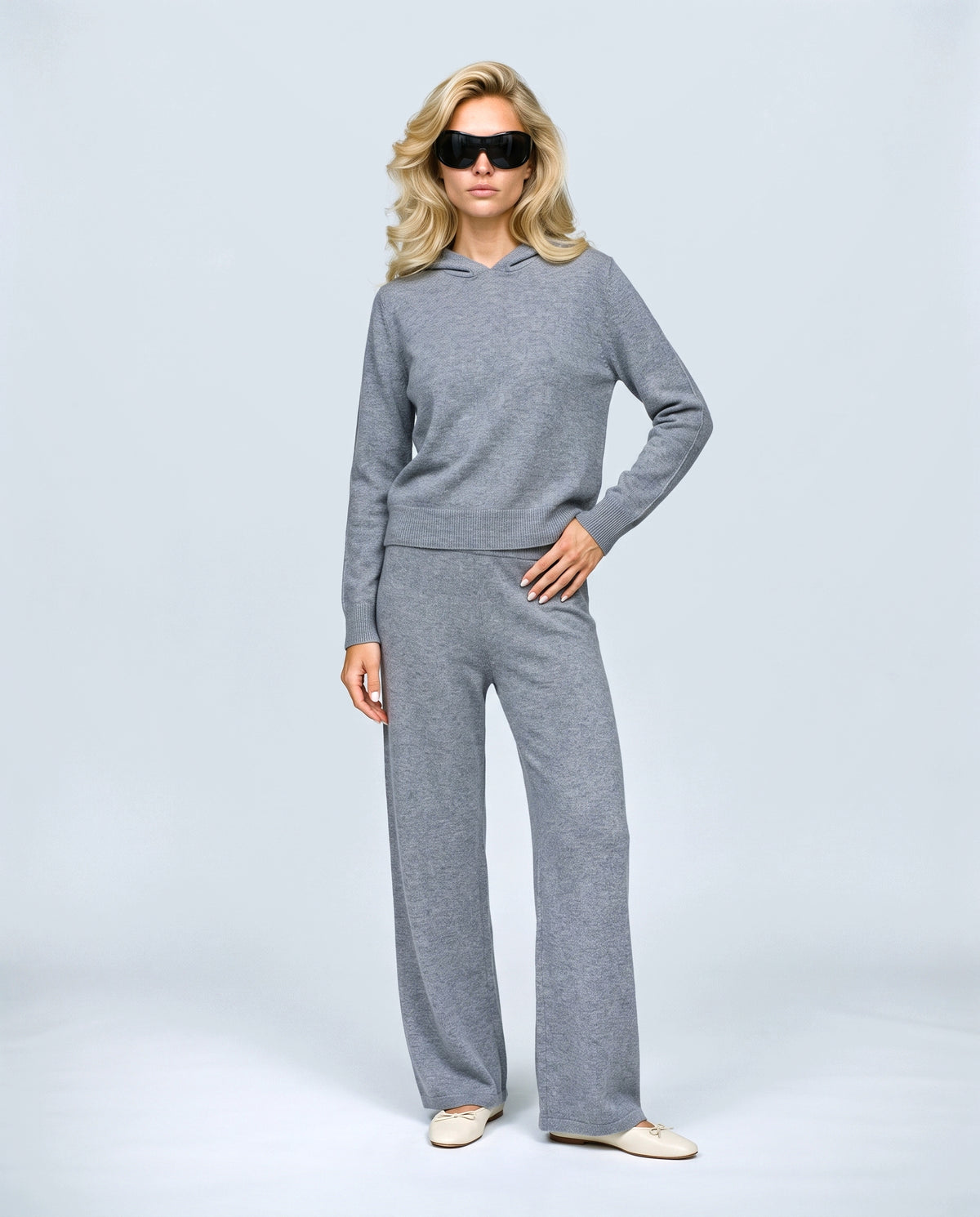 The Hooded Wide-Leg Knit Set in Grey, front view on a non-pregnant model