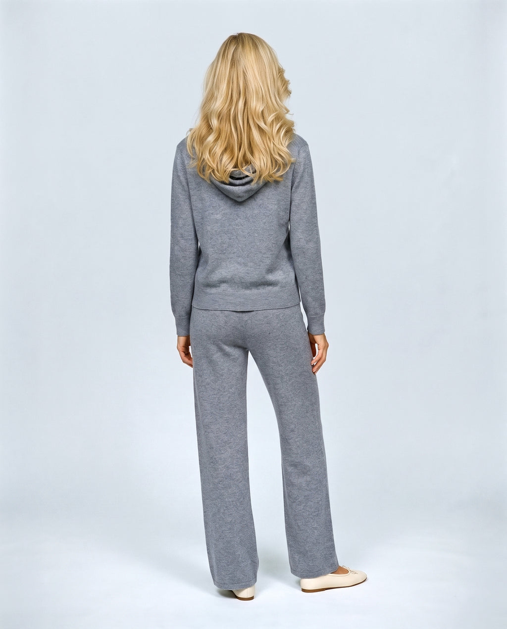 The Hooded Wide-Leg Knit Set in Grey, back view on a non-pregnant model
