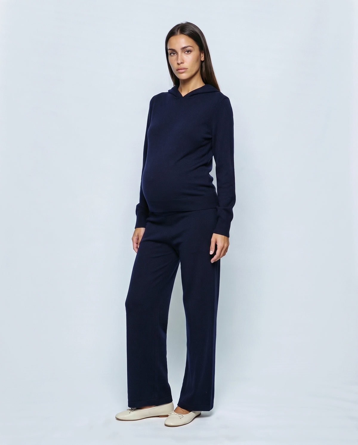 The Hooded Wide-Leg Knit Set in Navy, front view