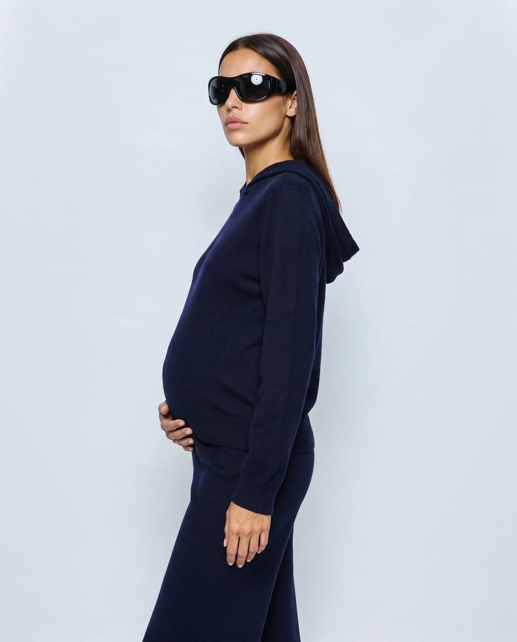 The Hooded Wide-Leg Knit Set in Navy, side view