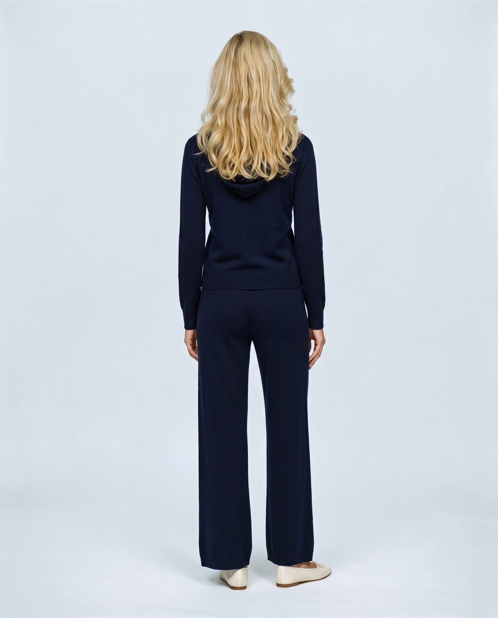 The Hooded Wide-Leg Knit Set in Navy, back view on a non-pregnant model