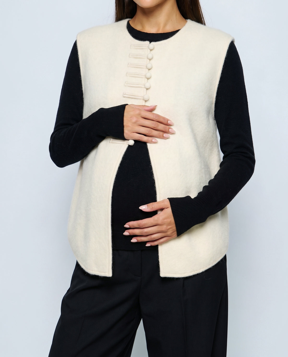 The Knot-Button Knit Vest in Cream, fabric detail