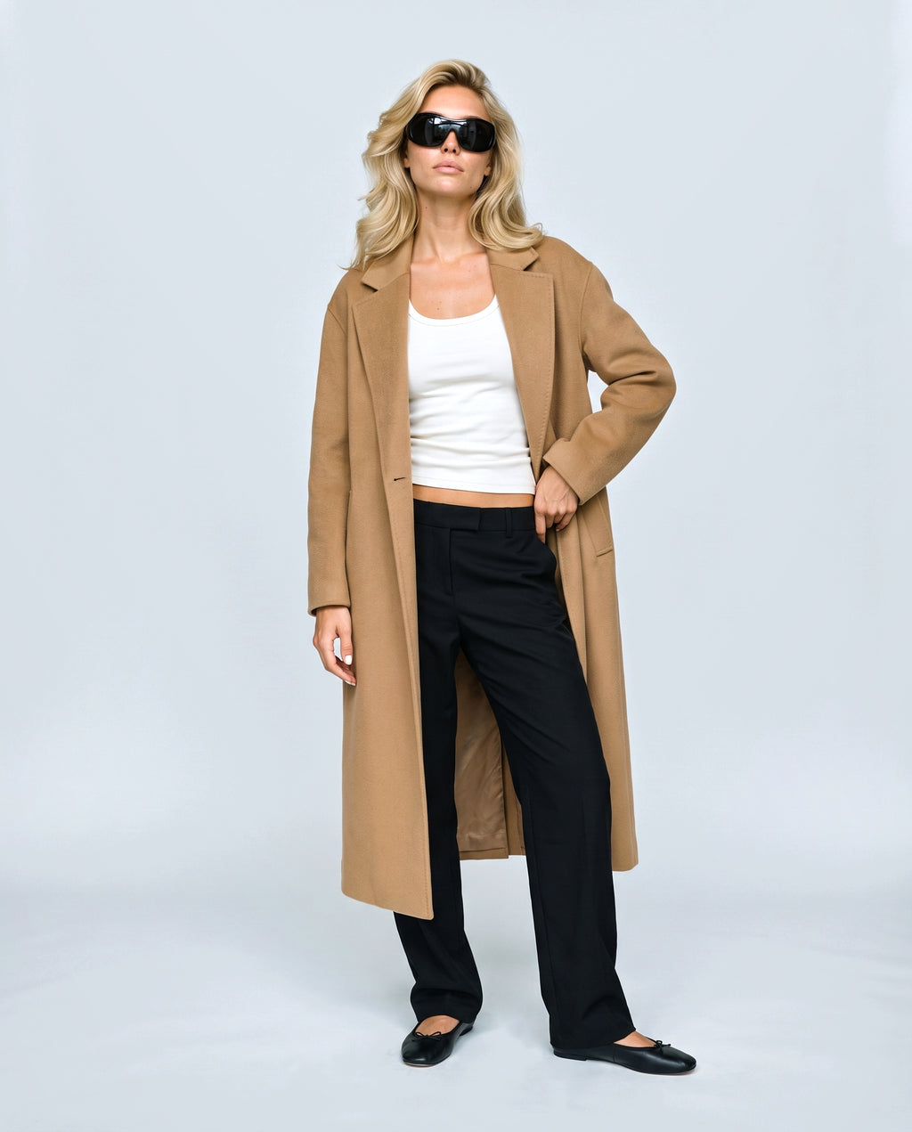 The Cocoon Overcoat in Camel, front view on a non-pregnant model