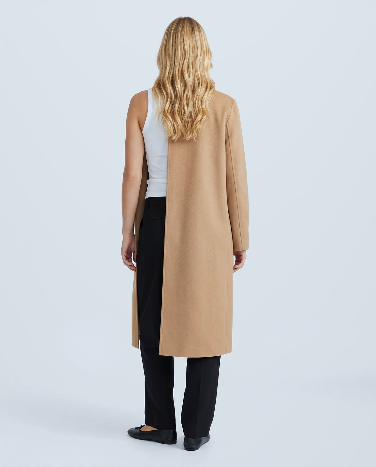 The Cocoon Overcoat in Camel, back view on a non-pregnant model