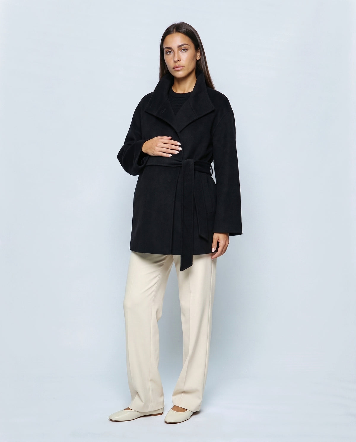 The Belted Stand-Collar Coat in Black, front view