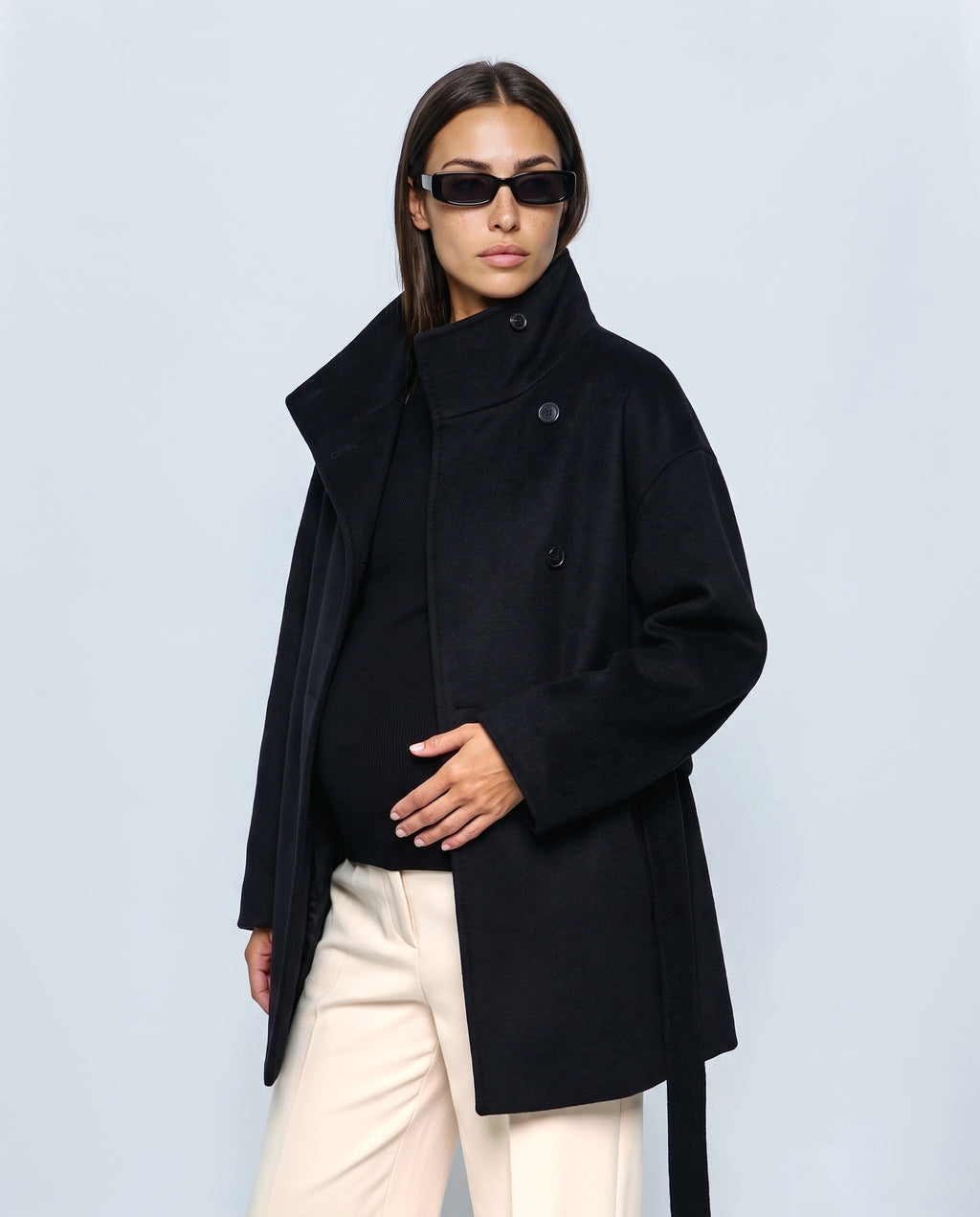 The Belted Stand-Collar Coat in Black, side view