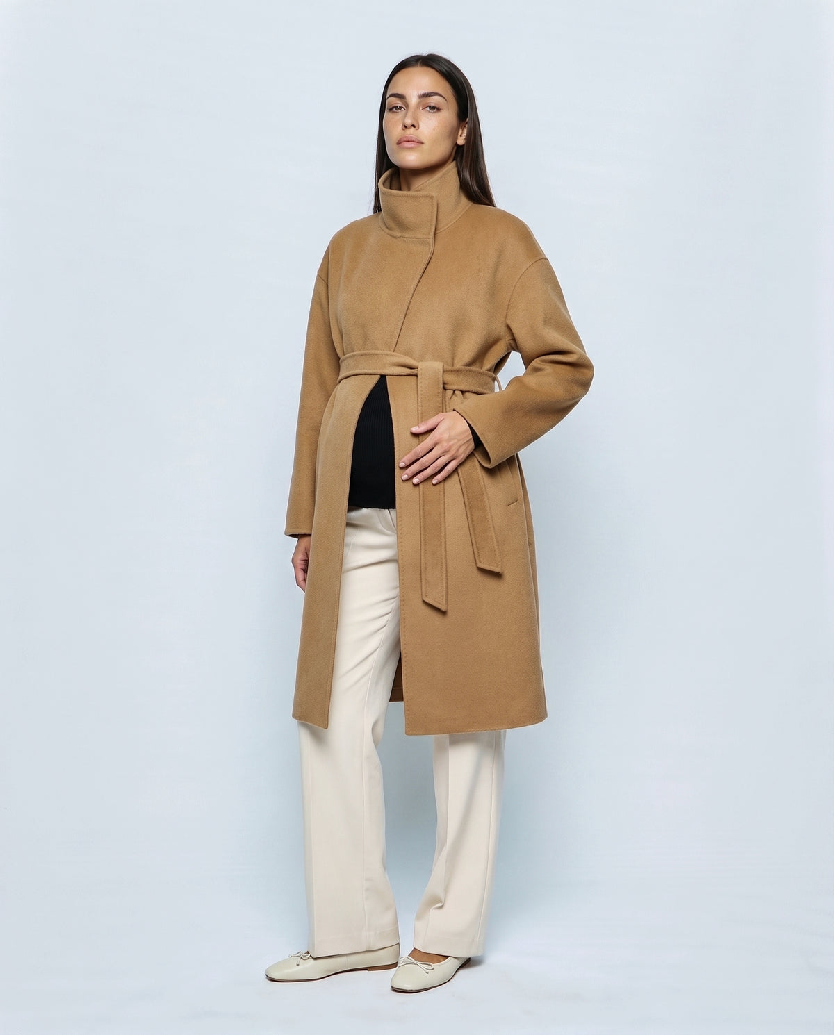 The Belted Stand-Collar Coat in Camel, front view