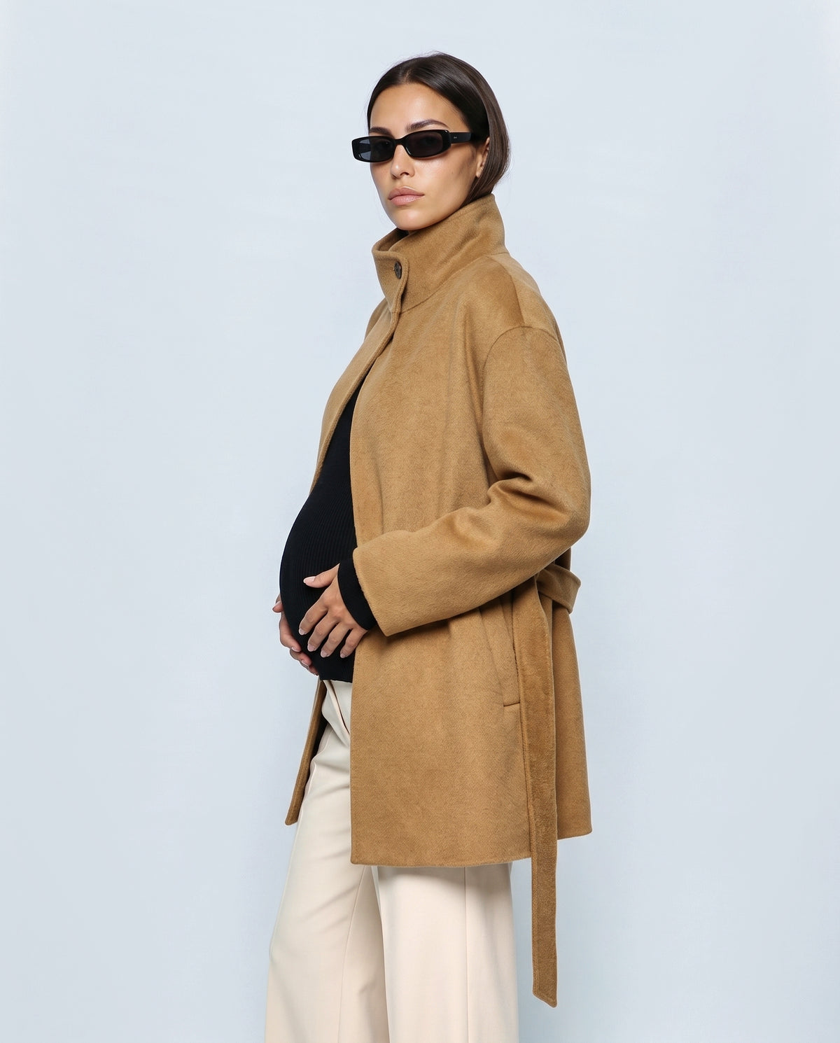 The Belted Stand-Collar Coat in Camel, side view