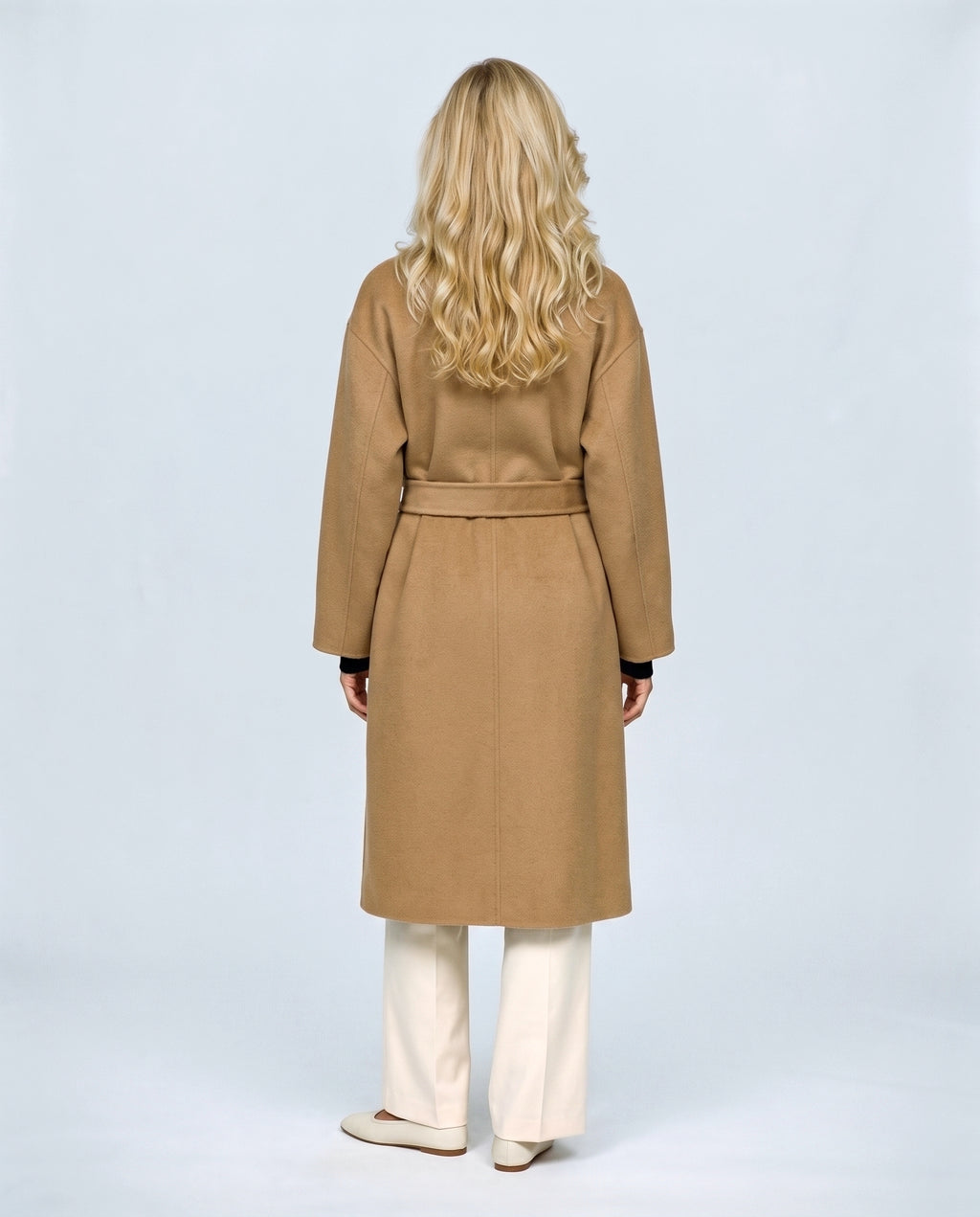 The Belted Stand-Collar Coat in Camel, back view on a non-pregnant model