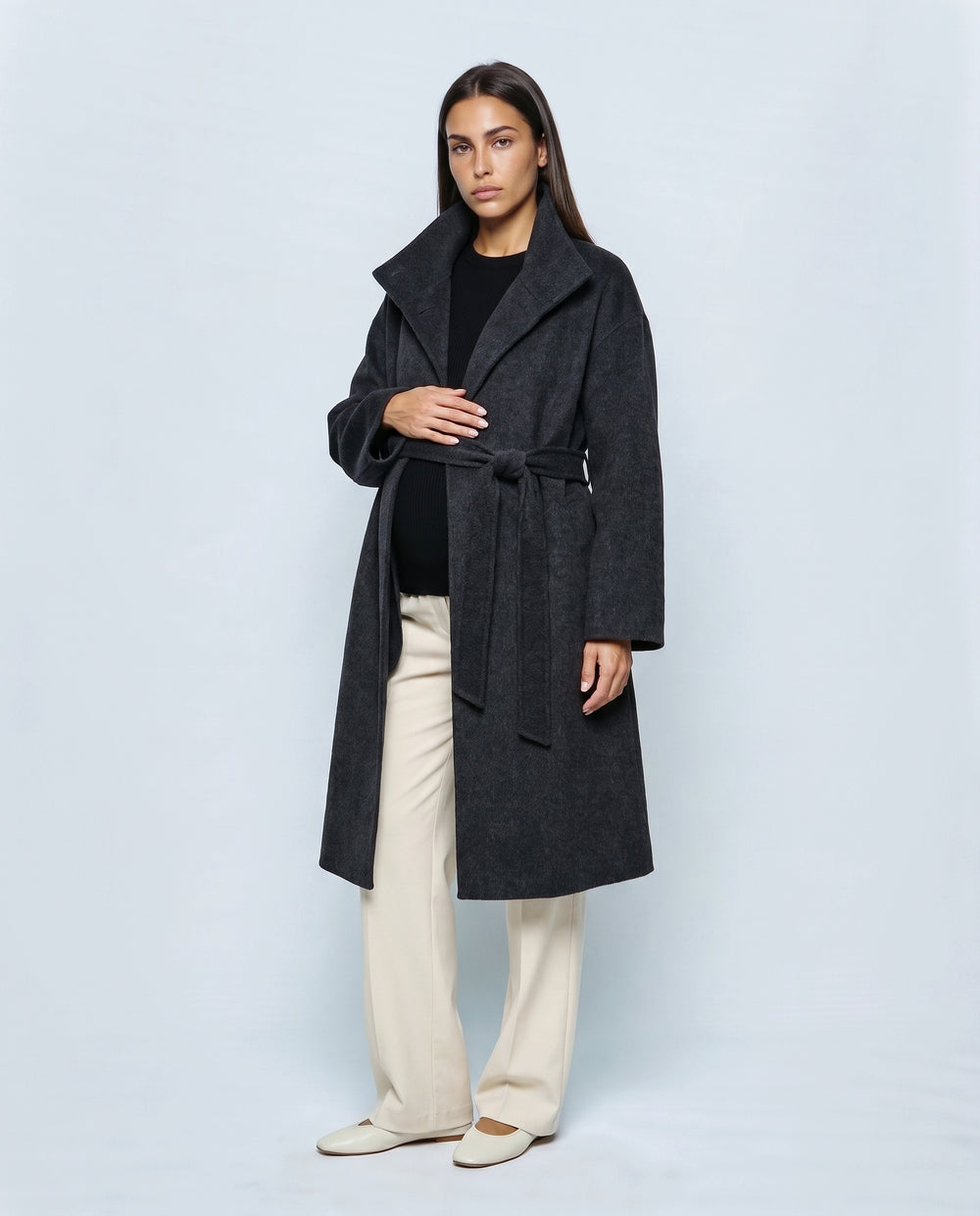 The Belted Stand-Collar Coat in Charcoal, front view