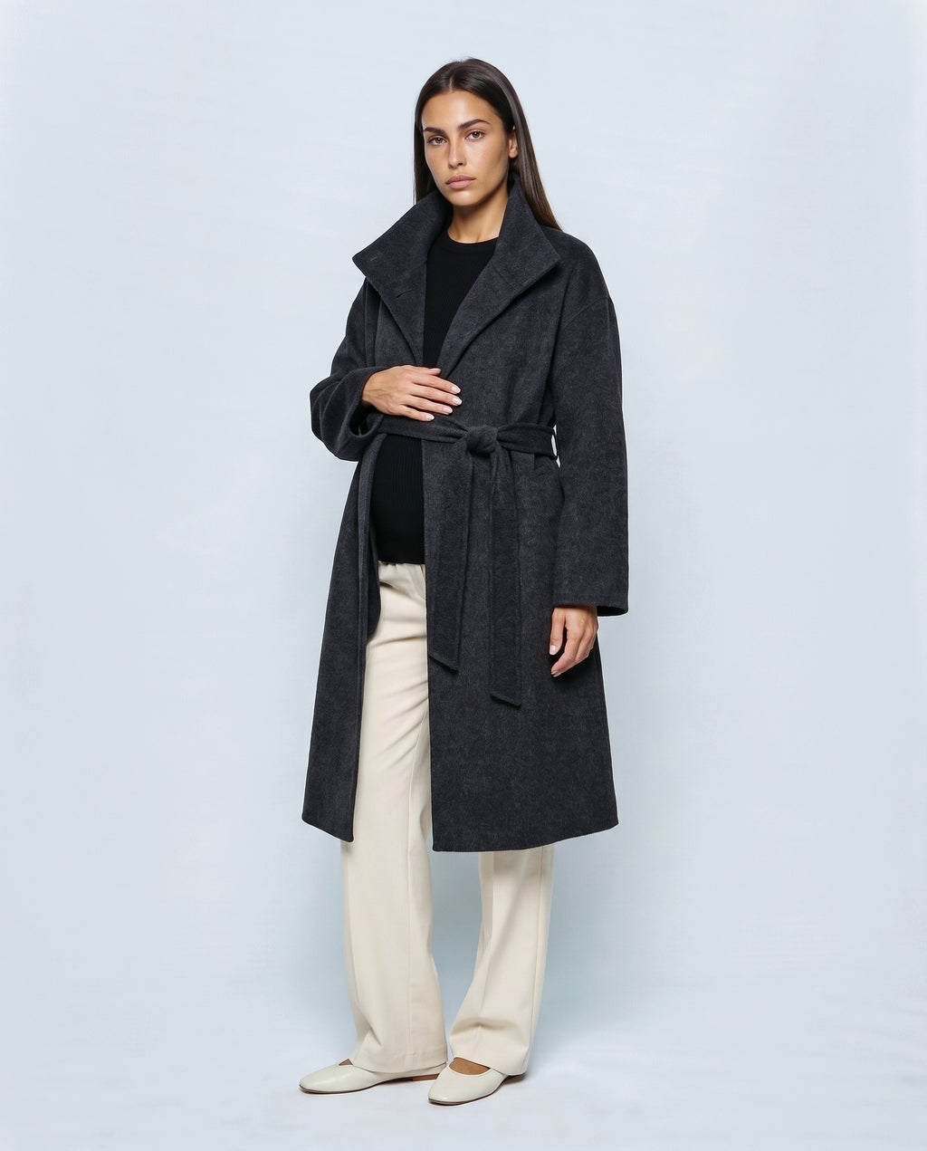 The Belted Stand-Collar Coat in Charcoal, front view