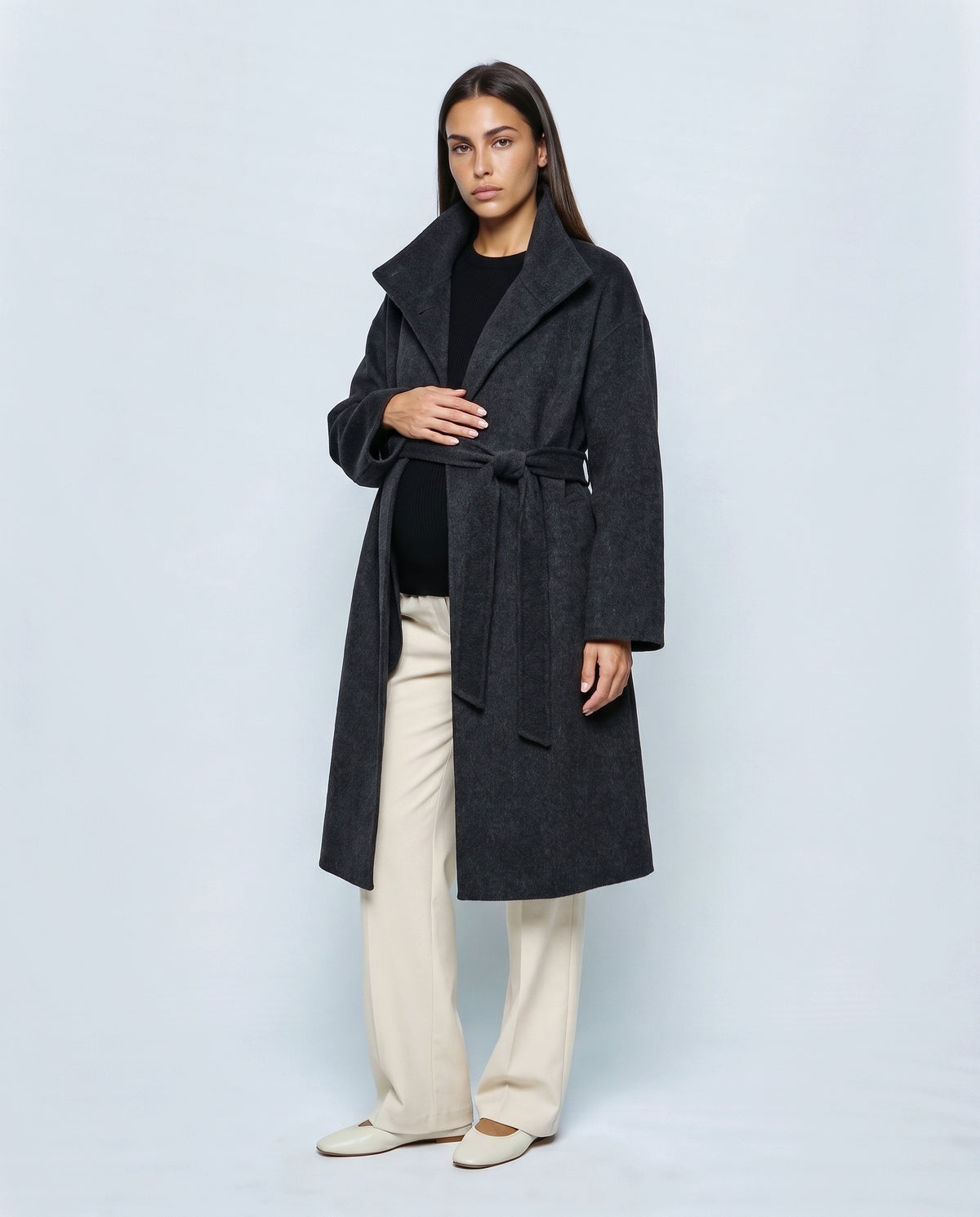 The Belted Stand-Collar Coat in Charcoal, front view